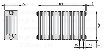 Схема (чертеж) Радиатор Zehnder Charleston 5060/13 №5510 Белый глянцевый RAL 9016